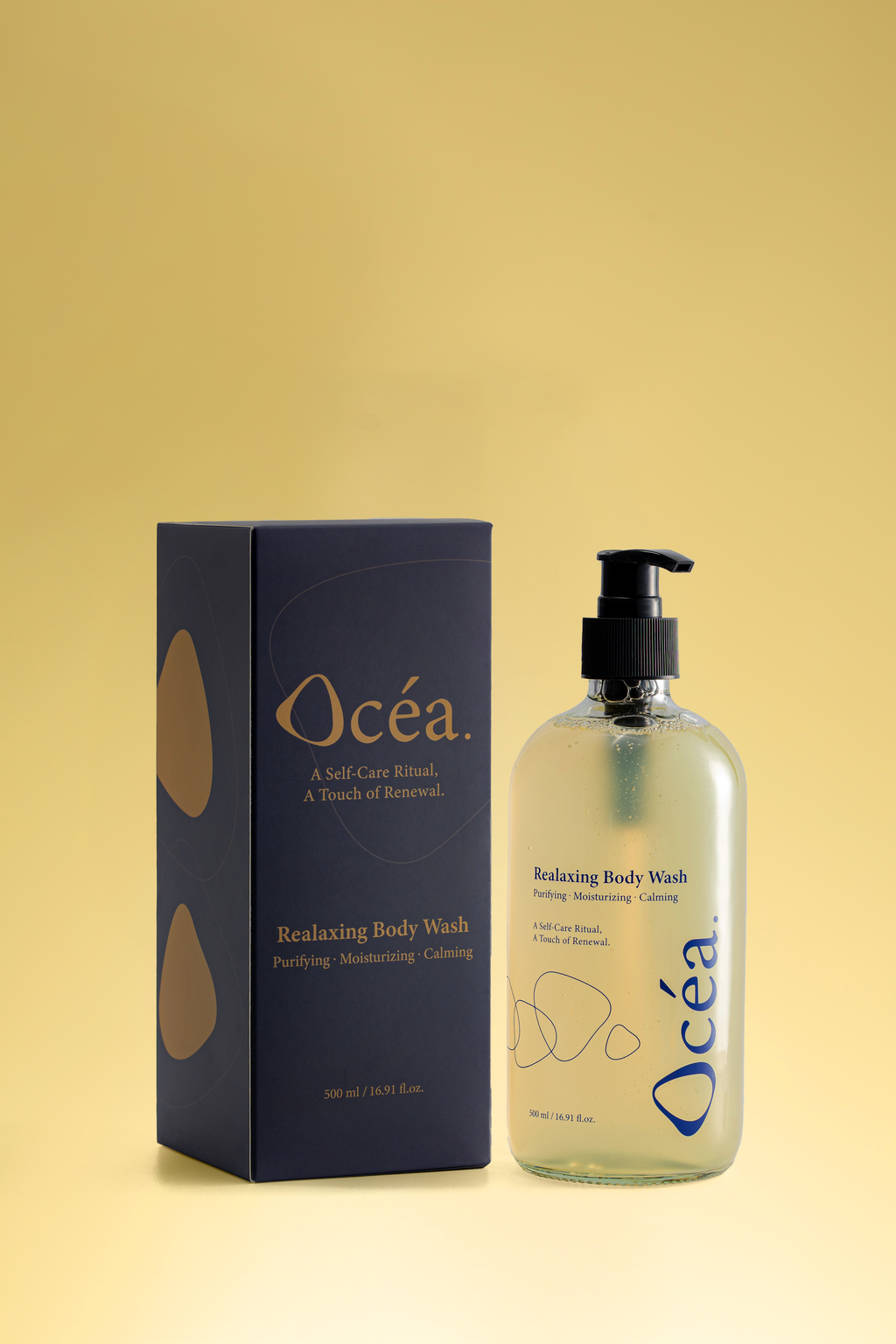 Ocea body wash Malaysia premium relaxing body wash bottle and packaging box on a yellow background