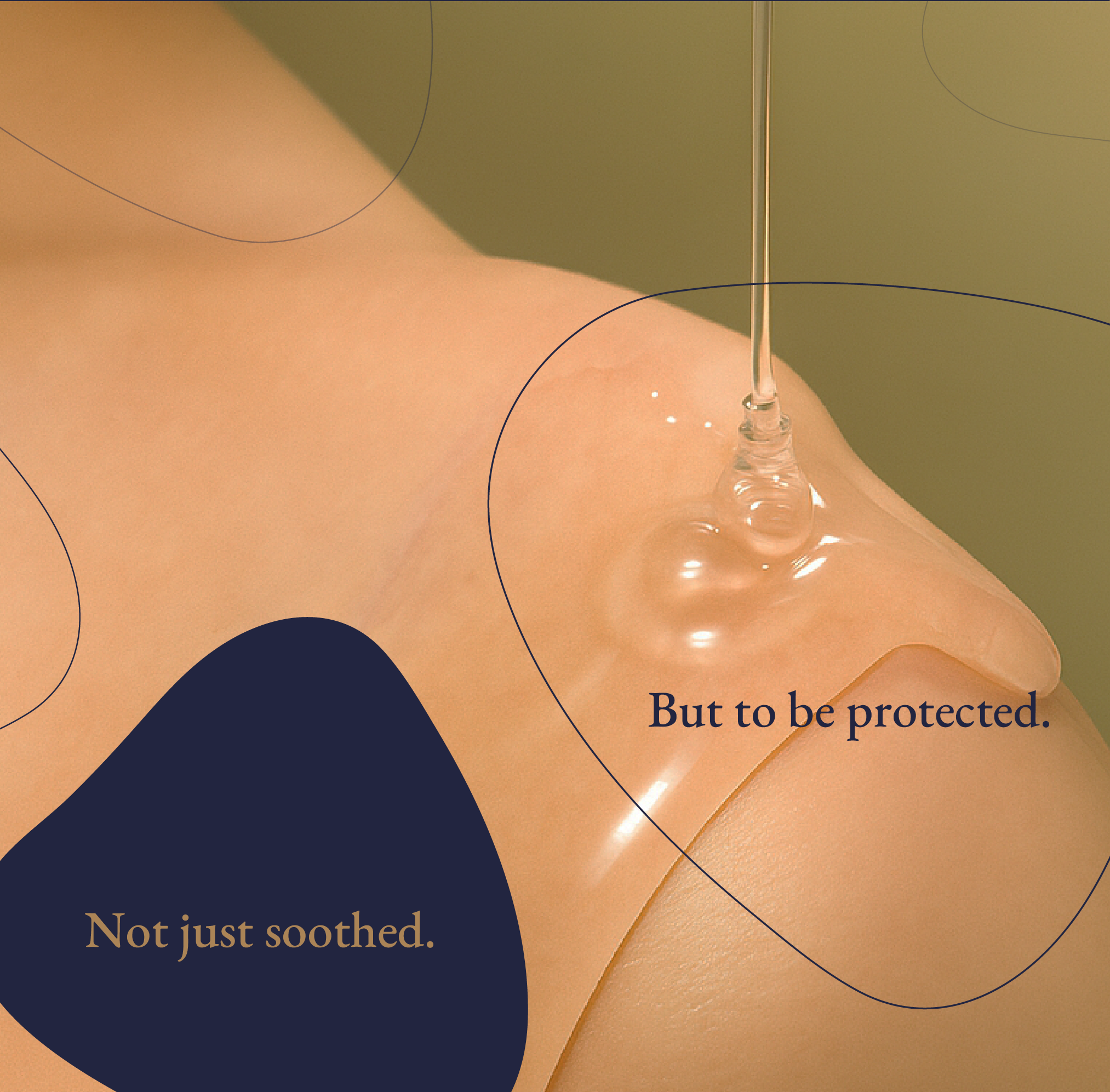 Photo of a dropper applying a liquid Malaysia made premium body wash Ocea onto a person's shoulder with text 'Not just soothed. But to be protected.'