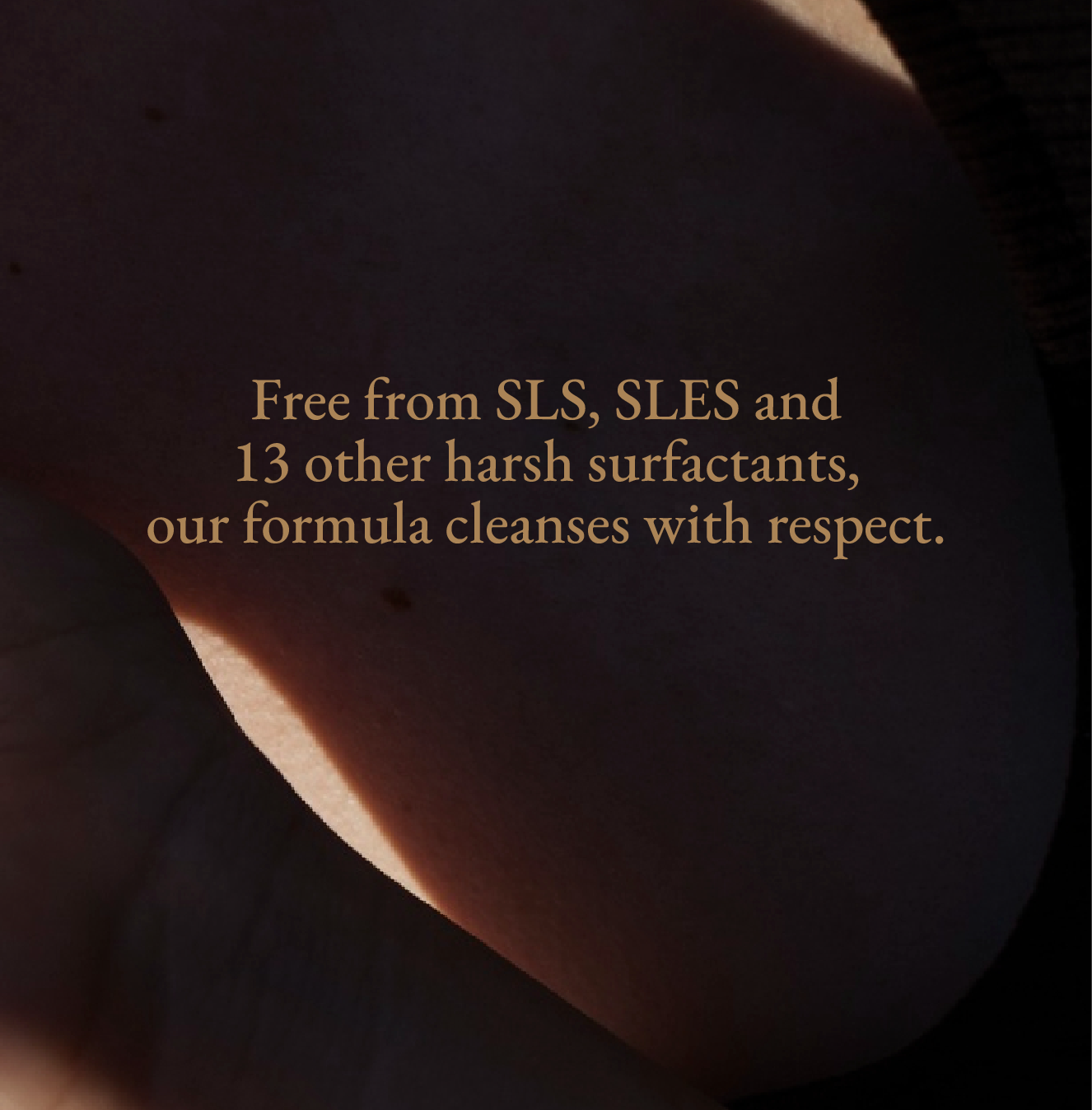 Text on a dark emotional background about a premium calming body wash Ocea is free from SLS, SLES and 13 other harsh surfactants which cleanses with respect to humanity