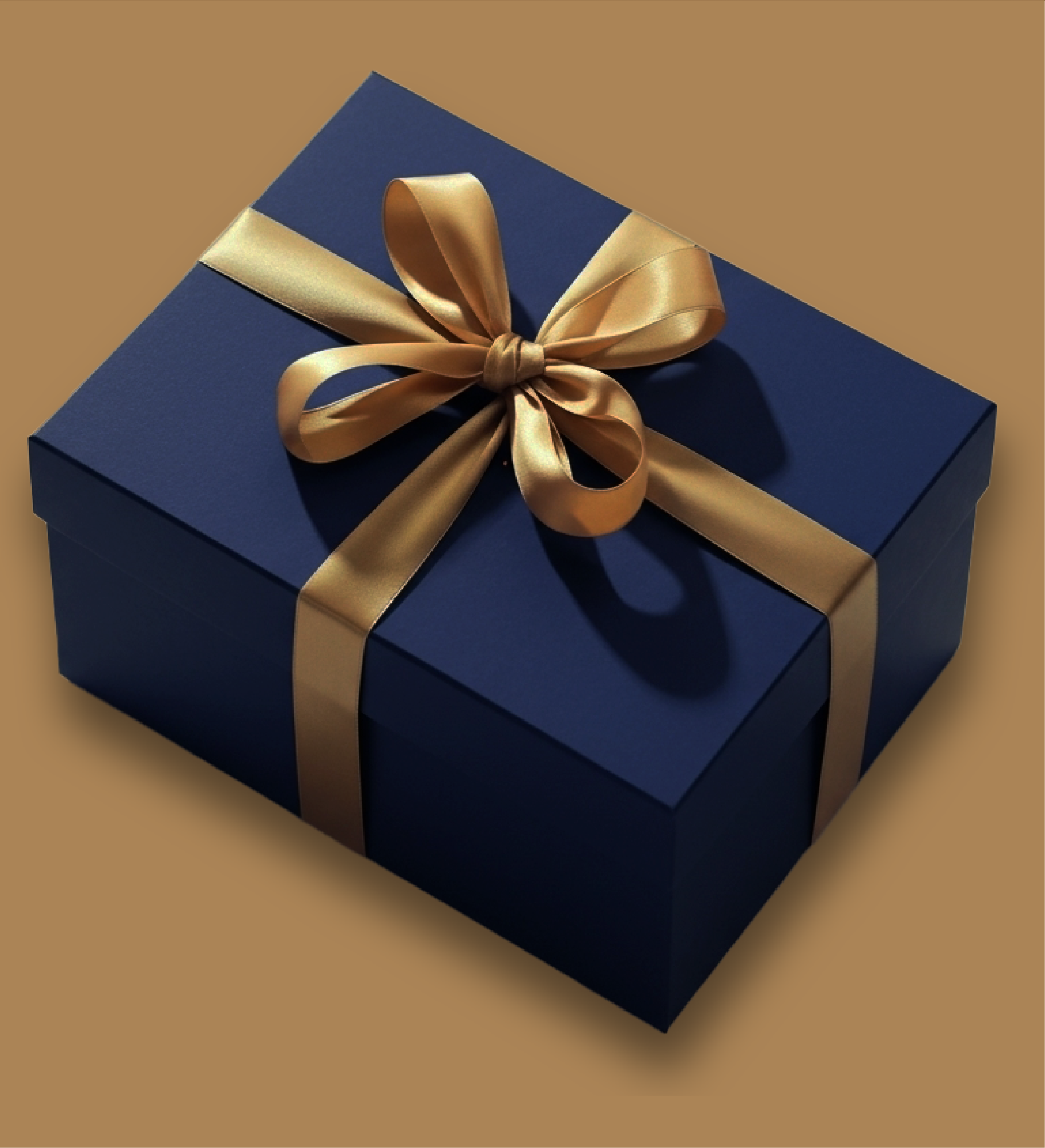 Blue gift box with a gold ribbon on a bronze background indicating premium body wash Ocea is a great gifting idea