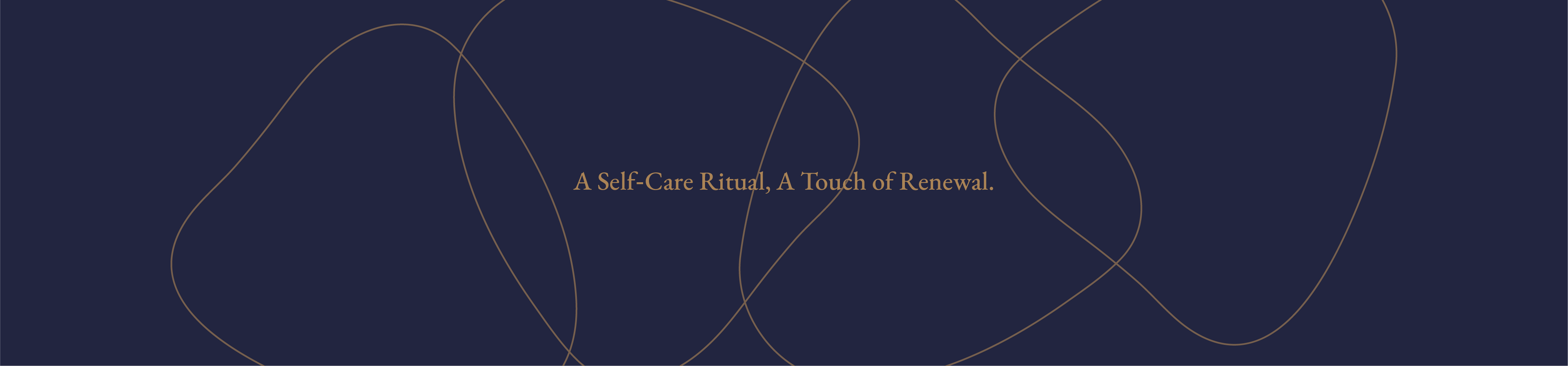 Navy blue background with abstract bronze lines and text 'A Self-Care Ritual, A Touch of Renewal.' tagline of Malaysia made premium shower gel Ocea