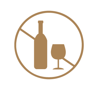 Icon of a wine bottle and glass with a circle around them and a line through it, indicating Ocea does not contain alcohol.