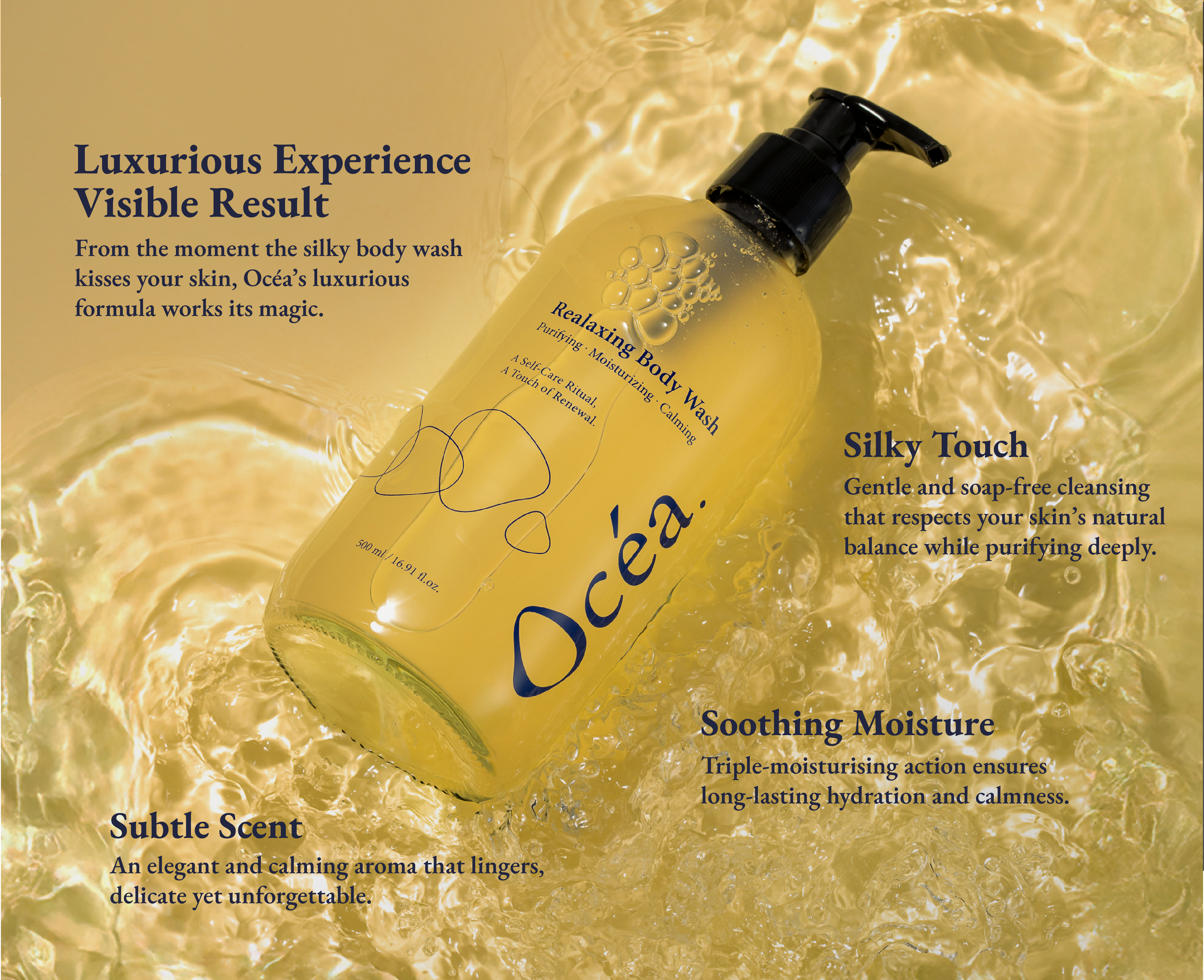 Premium Ocea body wash bottle with water splashes and product features text on a yellow background