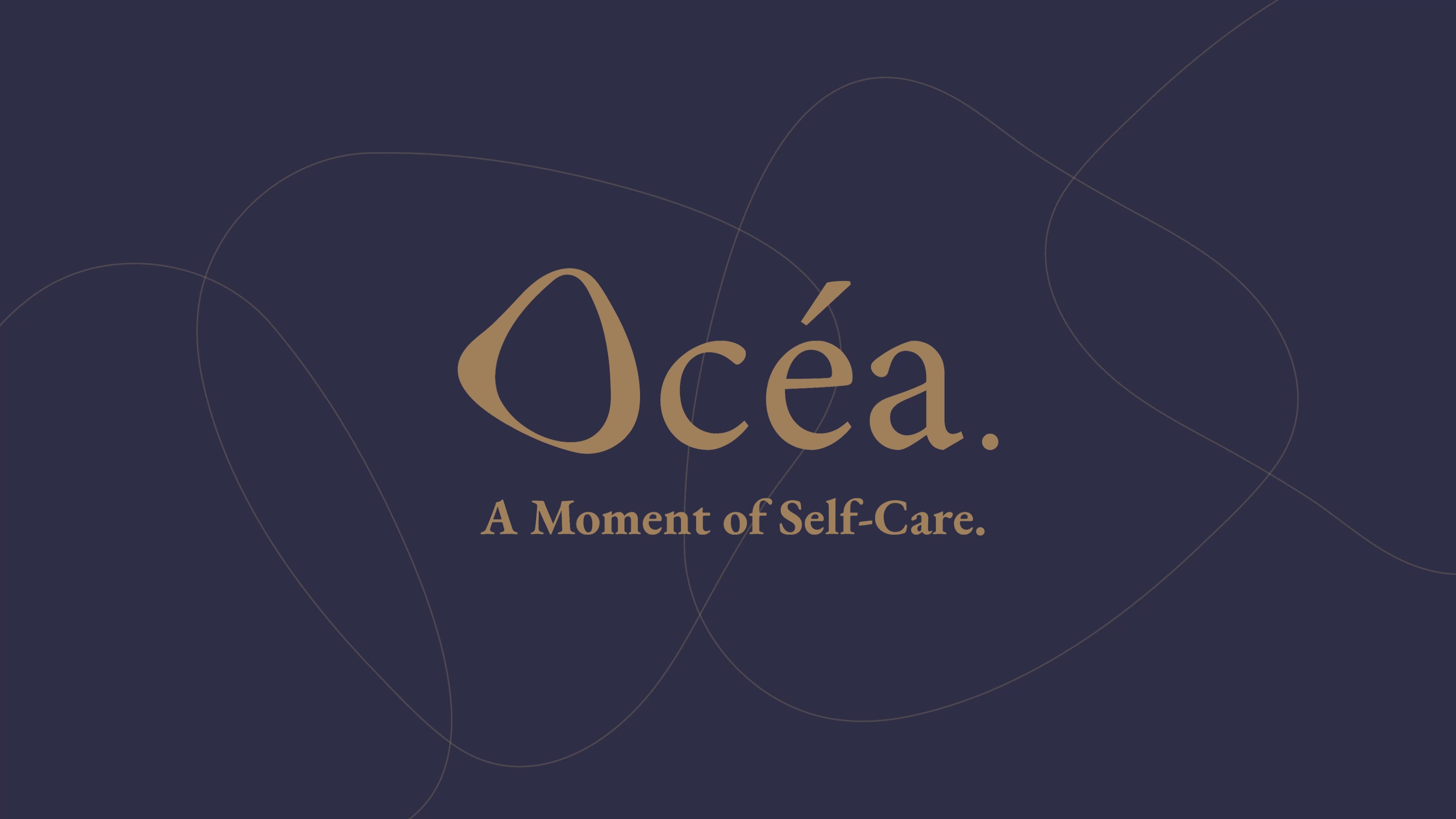 Malaysia made premium body wash Ocea logo and tagline 'A Moment of Self-Care' on a navy background with abstract cobblestone line motif