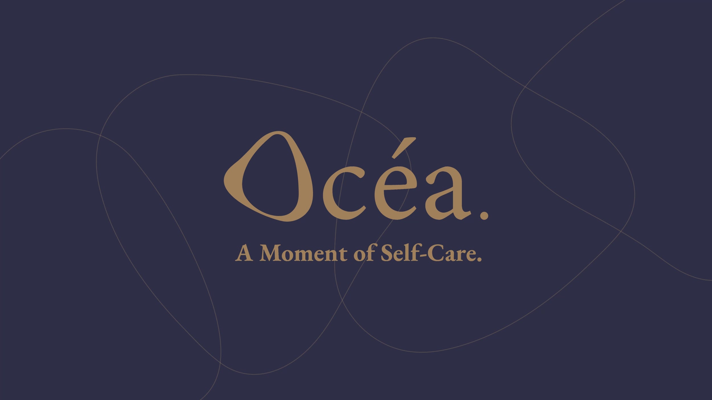 Malaysia made premium body wash Ocea logo and tagline 'A Moment of Self-Care' on a navy background with abstract cobblestone line motif